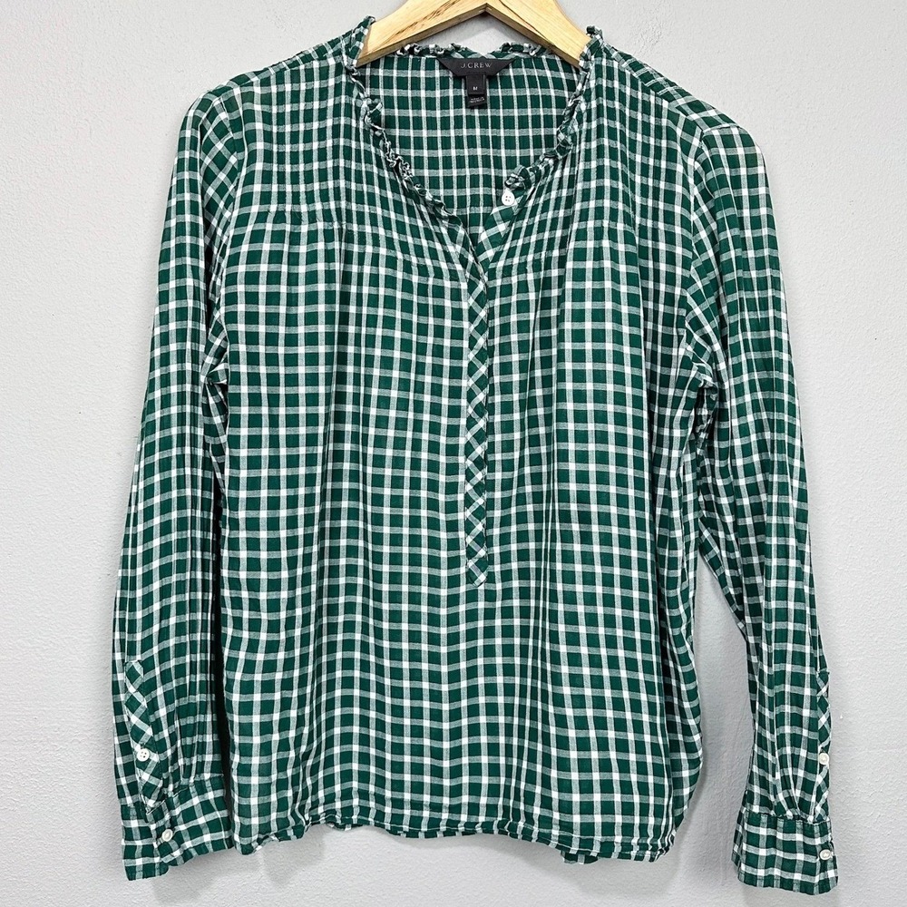 J.Crew Blouse Women Size M Green White Gingham Check Plaid Ruffle Pintuck Top